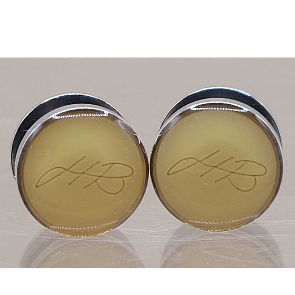 Hugo Boss HB Signature Logo Round Silver Tone Cream Yellow Cufflinks Mens